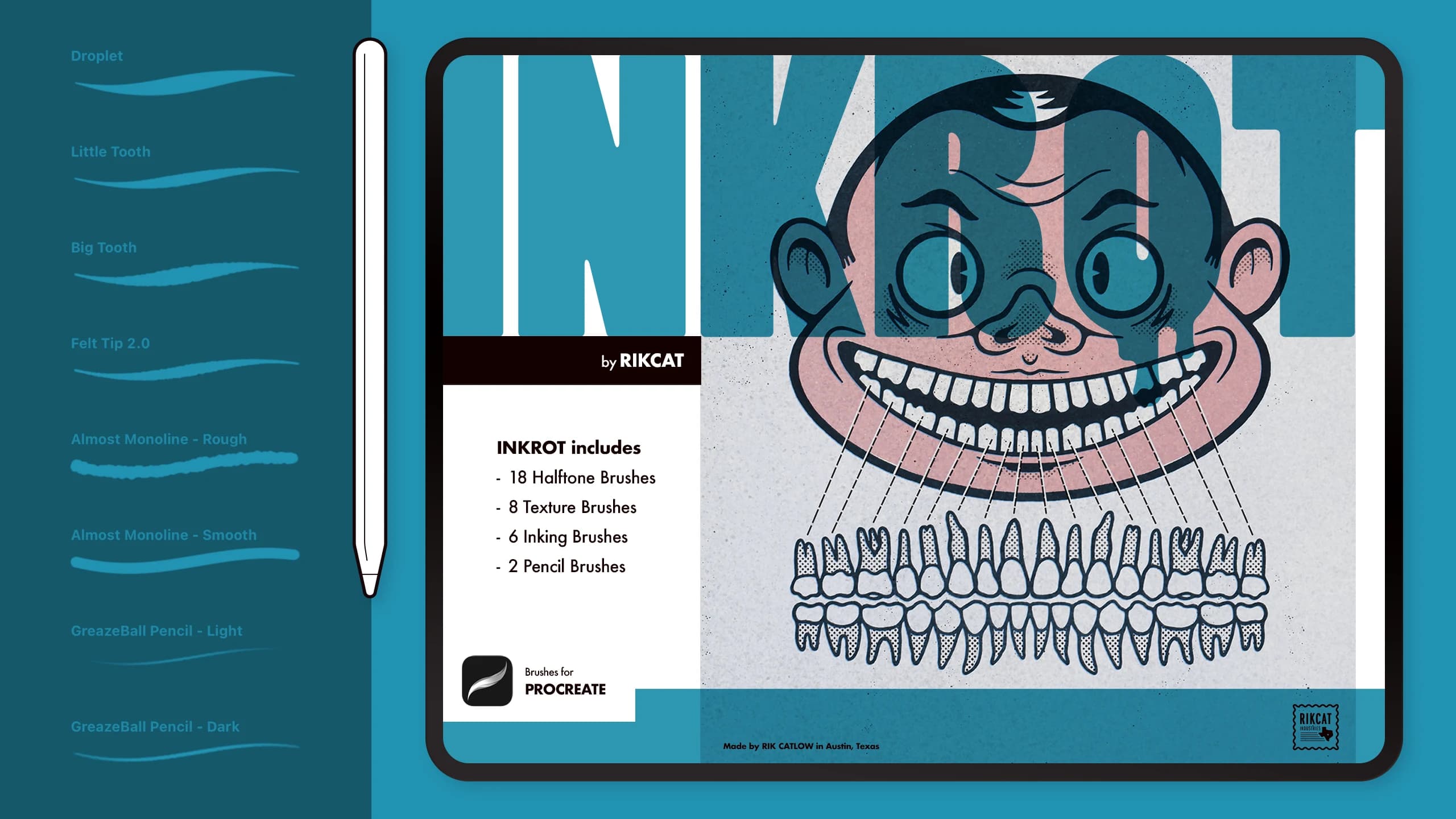 Inkrot by RIKCAT — cover art showing the brush list over an illustrated grinning tooth character