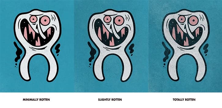 Illustration of a rotten-tooth character rendered minimally, slightly, and totally rotten, showing the Inkrot texture brushes in use
