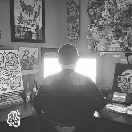 Rik Catlow at his illustration studio desk, surrounded by artwork, stickers, and a skateboard deck
