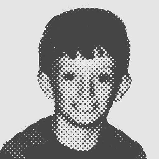 Halftone-style illustrated portrait of Rik Catlow