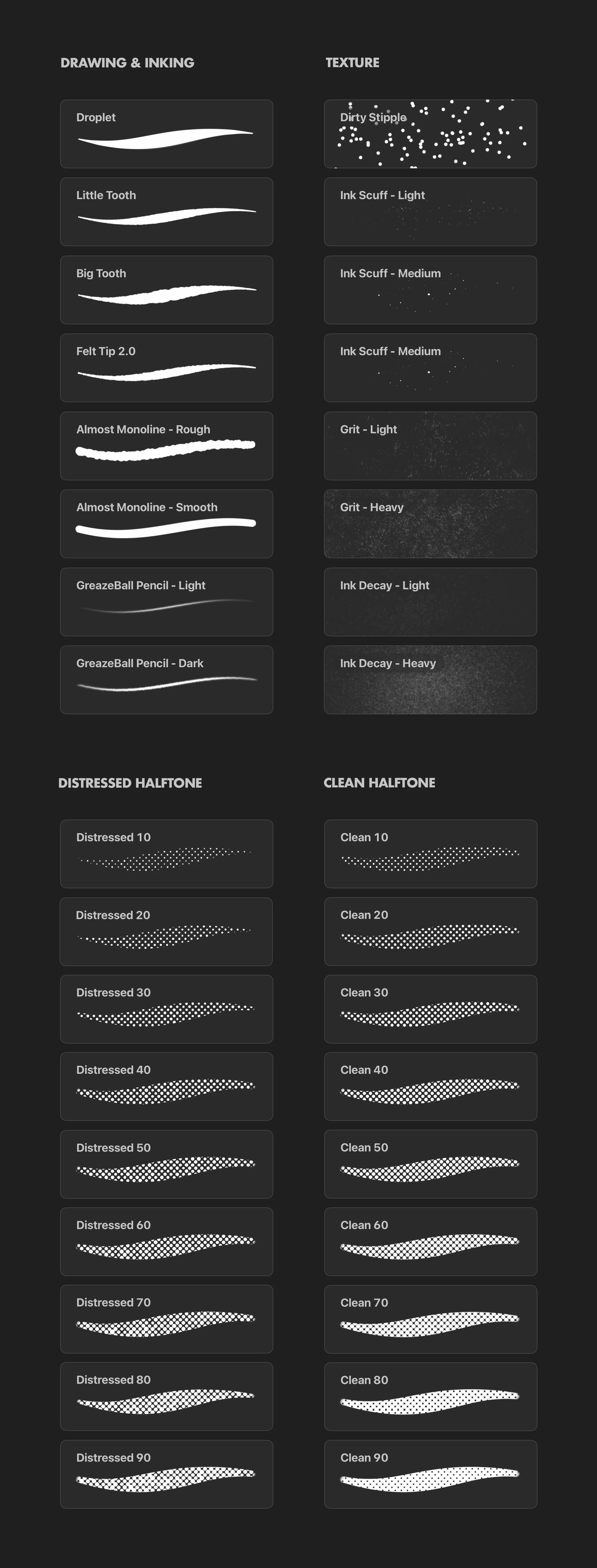 Sample strokes from every brush in the Inkrot set — drawing & inking, textures, clean halftone, and distressed halftone